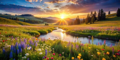 Fototapeta premium Peaceful meadow, tranquil sunset, restorative scenery. Healing nature's balm; serene landscapes.