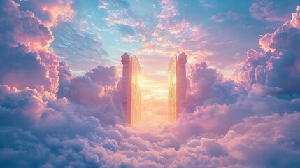 Heavenly gates amidst ethereal clouds bathed in warm sunlight, symbolizing hope and new beginnings. Ideal for spiritual, motivational, or inspirational themes.