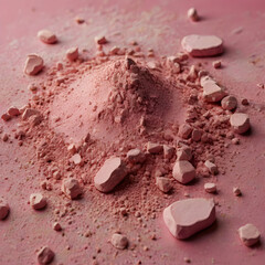 A close-up view of pink makeup powder with a crushed texture, creating an abstract, artistic background.