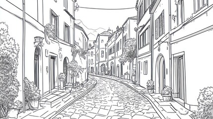 Cobblestone street, Italian town, hillside view, tranquil scene, travel guide illustration