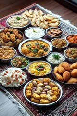Colorful spread of traditional Indian dishes, ready to be served at a buffet table. Variety of spiced curries, rice, breads, chutneys and more.
