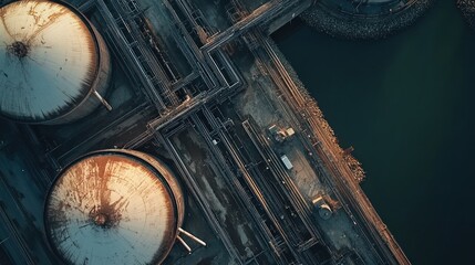 Aerial view of industrial oil refinery tanks and pipelines.