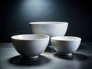 Pristine white bowls contrast sharply against a stark black backdrop in this minimalist studio still life.