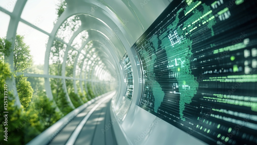 Aufkleber global network: futuristic tunnel displays data streams and world map, green technology in sustainab