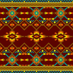 a colorful tribal pattern with geometric symmetry, featuring diamonds, stars, and zigzags in green, orange, yellow, dark red inspired by traditional ethnic textile art.Vector geometric ethnic Navajo