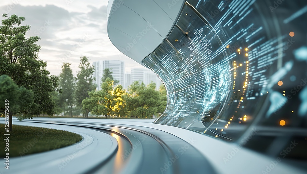 Poster futuristic building displays data streams in urban park setting