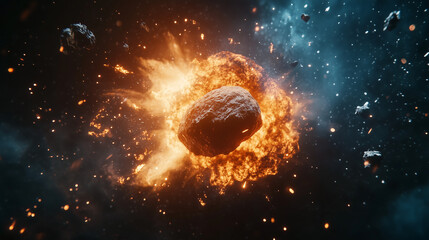 Fiery asteroid explosion in deep space.