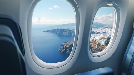 Fototapeta premium A first-class airline seat with a window view of Santorini as the plane approaches for landing