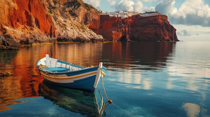A fisherman's boat anchored in the calm waters of Ammoudi Bay, with red cliffs rising dramatically in the background