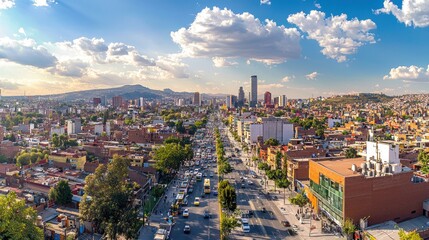 Fototapeta premium A Panoramic View of a Modern City Downtown With Busy Streets and Traffic Creating Urban Energy