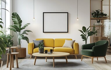 Modern living room interior design, plants, yellow sofa