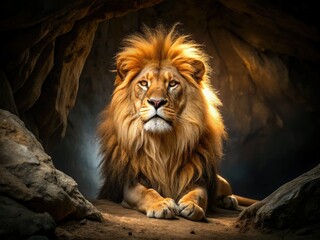 Naklejka premium Rule of thirds captures a majestic African lion's portrait, a powerful big cat within its cave.