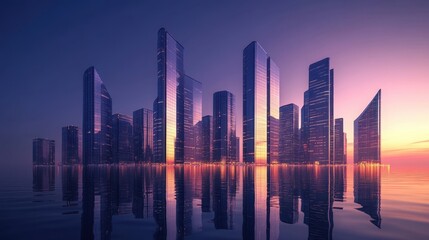 Obraz premium A futuristic business park with high-rise office buildings under a clear evening sky