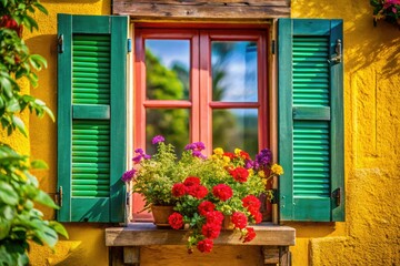 Rustic charm: vibrant painted wood shutters adorn a farmhouse window, capturing rural landscape beauty.