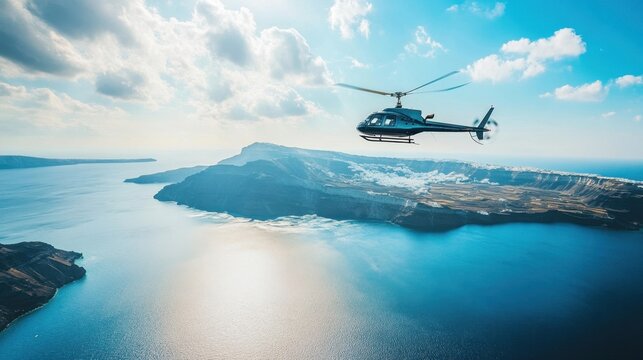 A helicopter flying over Santorini's caldera, capturing an exclusive aerial perspective of the island