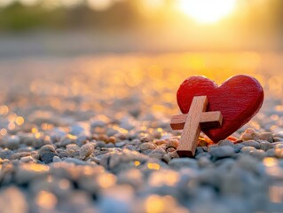Faith Heart Cross on Beach at Sunrise Spiritual Symbol