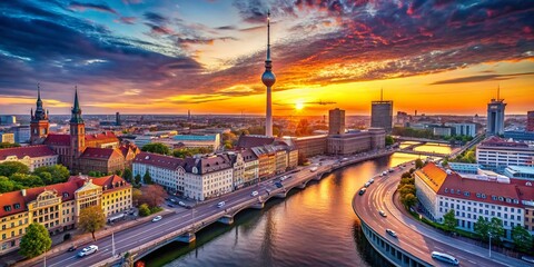 Fototapeta premium Berlin Aerial View: Cityscape Panorama at Sunset, Iconic Landmarks & Bridges
