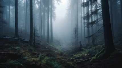 Naklejka premium Mysterious dark forest with fog. Panoramic image.