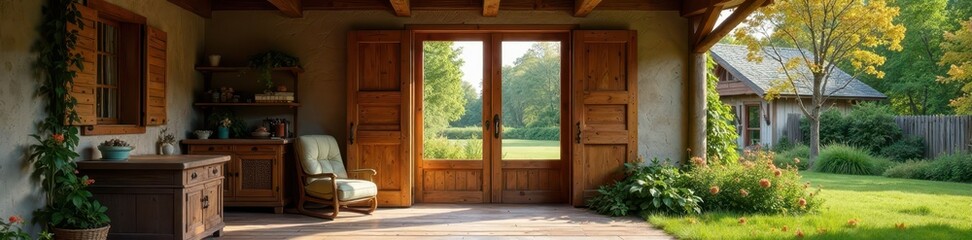 Rustic farmhouse with large windows and wooden shutters, rustic architecture, farm building