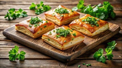 Savory herb pastries on a rustic wooden plate; a rule-of-thirds composition highlighting deliciousness.