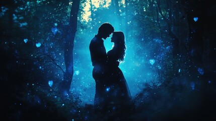 A romantic couple embracing in a magical forest under the starlit sky, enveloped by an ethereal glow and bioluminescence.