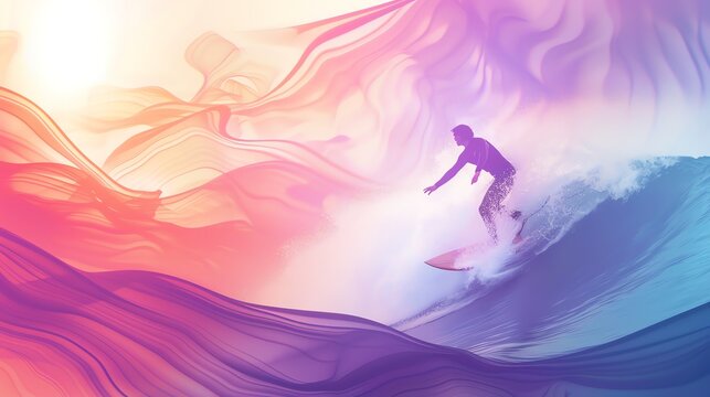 A surfer rides a wave against a background of colorful, abstract lines.