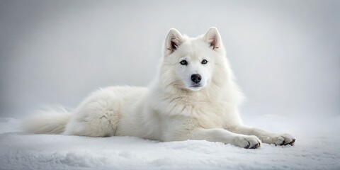 Fototapeta premium Serene Arctic dog, fluffy white fur, rests against a pure white backdrop.