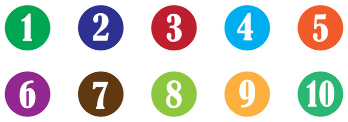 Collection of isolated round number icons for 1-10. Colorful numbered circle icons set from 1 to 10 for infographic ranking step-by-step process and educational design. Numbered colorful circle icons.