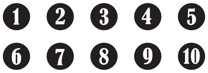 Chiffres 1 à 10 dans cercle multicolours. Bullet point set with number from 1 to 10. Collection of number "buttons". number circle icons 1 to 10 for listing and education.  Numbered circle icons. 