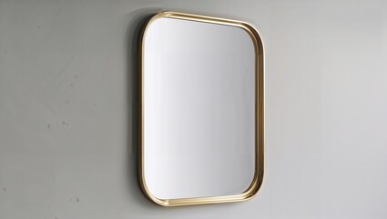 Obraz premium stylish, contemporary wall mirror with a unique, slightly curved rectangular shape. The mirror is framed with a thin, elegant metallic border in a brass or gold finish, adding a touch of sophisticati