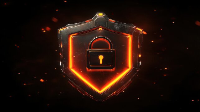 Digital security shield with lock, glowing particles on dark background.