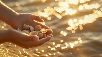 Hands holding seashells with sparkling sea background, symbolizing treasured moments and nature's gifts. Great for travel blogs, coastal themes, and summer promotions.