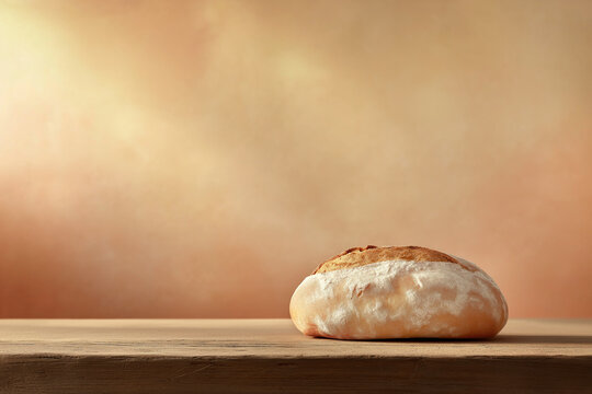 A fresh, crusty baguette placed on a rustic wooden table with a warm beige and soft terracotta background, highlighting the bread's texture and sheen Generative AI