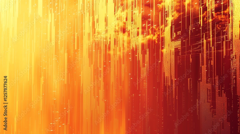 Poster an abstract background of orange, yellow and red lines and squares.
