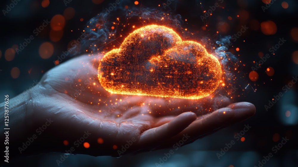 Poster hand holding a glowing cloud icon with data and cyber network connections on a black background conc