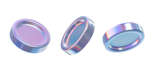 Set of neon coins isolated on transparent background. 3d holographic shape. Render of 3d iridescent coin with rainbow effect