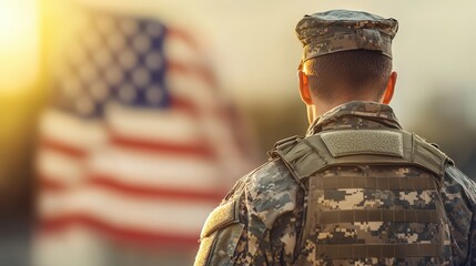 A soldier stands with back, facing the blurred USA flag, symbolizing military service and patriotism. Perfect for veterans resources, service appreciation themes.