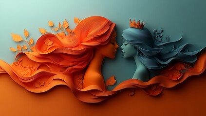 Stylized Faces in Orange and Blue with Flowing Hair and Autumn Leaves