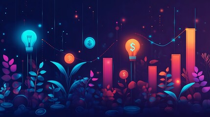 Obraz premium A graph depicting an upward trend glowing graph bar with coins