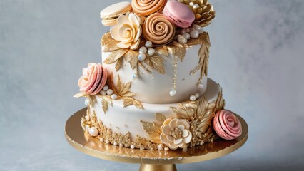 Elegant cake decorated with flowers, macarons, and white pearls, featuring neat drips along the edge. Designed in soft pastel colors, perfect for weddings, birthdays, and special occasions