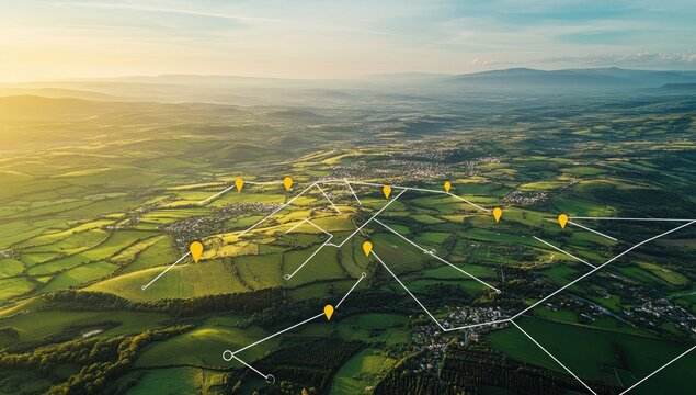 Aerial view of rural landscape with connected markers - Powered by Adobe