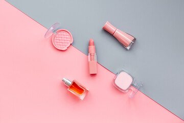Brown pink shade cosmetic products for makeup. Beauty background