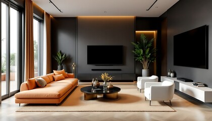 Fototapeta premium Modern living room design, city view, relaxation
