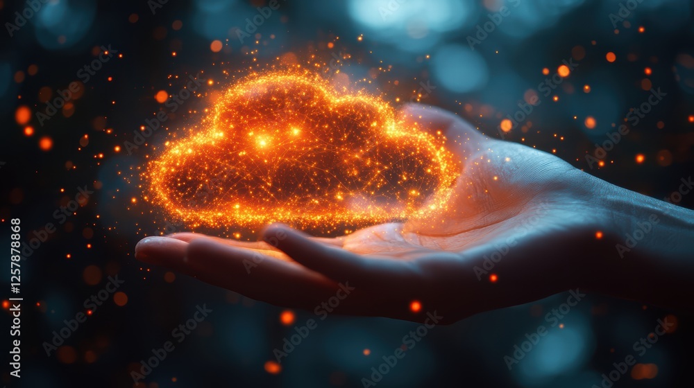 Poster hand holding a glowing cloud icon with data and cyber network connections on a black background conc