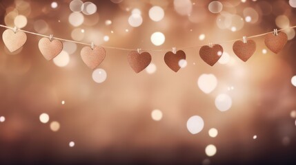Happy Valentine's Day Valentine wedding birthday background banner panorama greeting - Beige brown hearts hanging on a string, with bokeh lights in the background