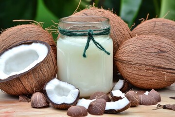 Coconut oil extraction process tropical farm nature photography lush green environment close-up view coconut benefits for skin and hair care