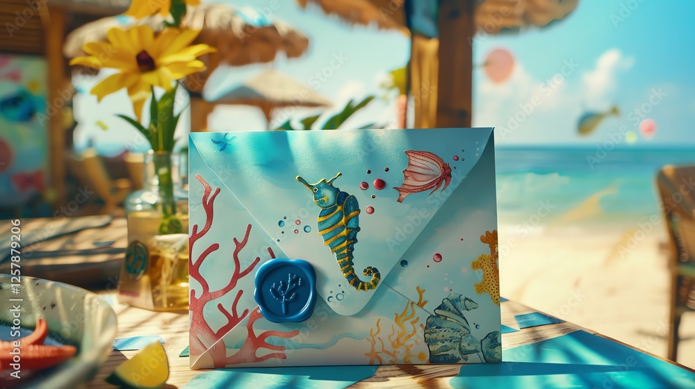 Poster a colorful envelope with a seahorse and a wax seal is placed on a table in a beach setting.