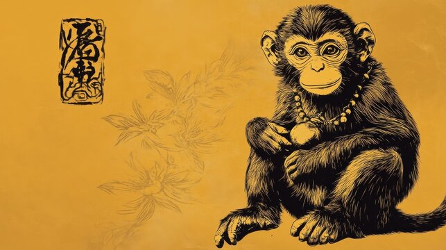 2016 is year of the monkey,Gold monkey,Chinese calligraphy translation:good bless for new year and earn more money