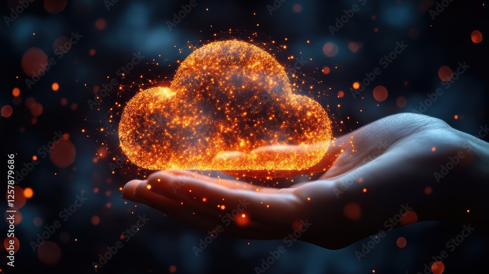 Poster hand holding a glowing cloud icon with data and cyber network connections on a black background conc