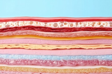 Detailed illustration of skin layers scientific anatomy educational diagram clean environment top-down view cellular structure